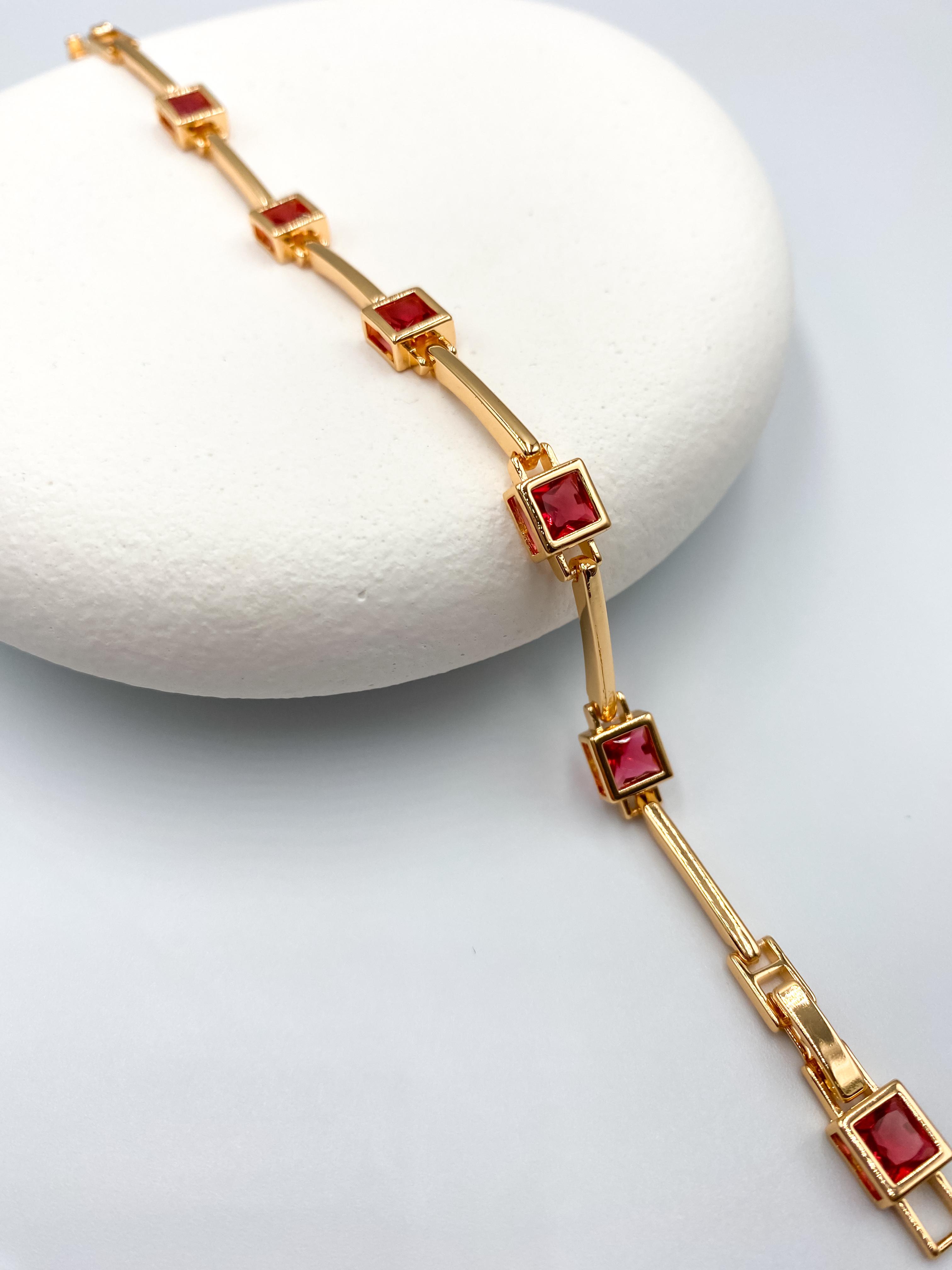 Kırmızı Kare Taşlı Çelik Bileklik