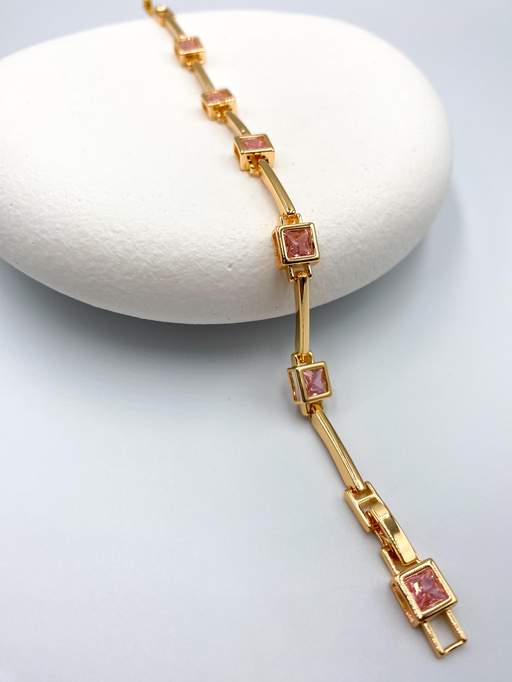 Pembe Kare Taşlı Çelik Bileklik