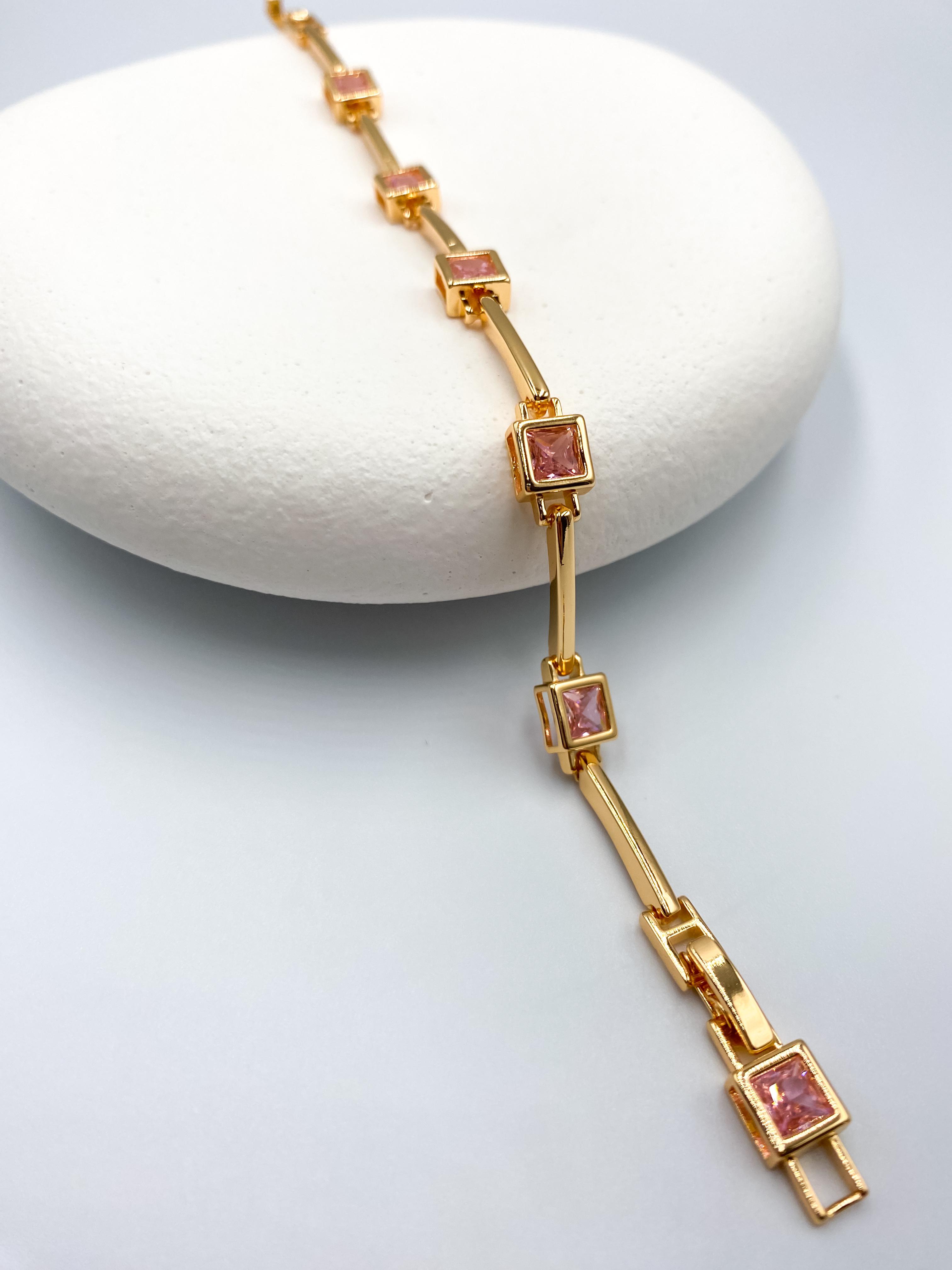 Pembe Kare Taşlı Çelik Bileklik