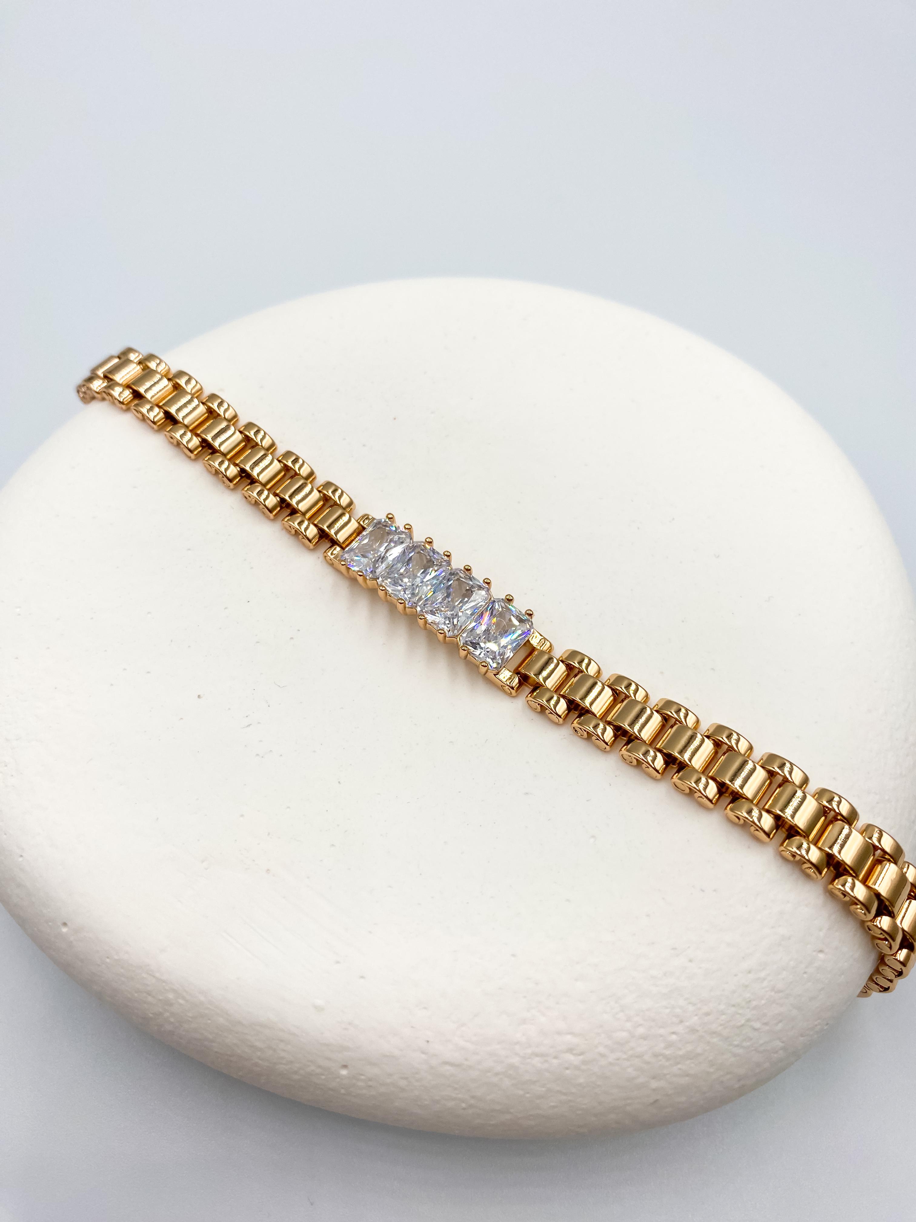 Kalın Zincirli Dikdörtgen Taşlı Çelik Bileklik