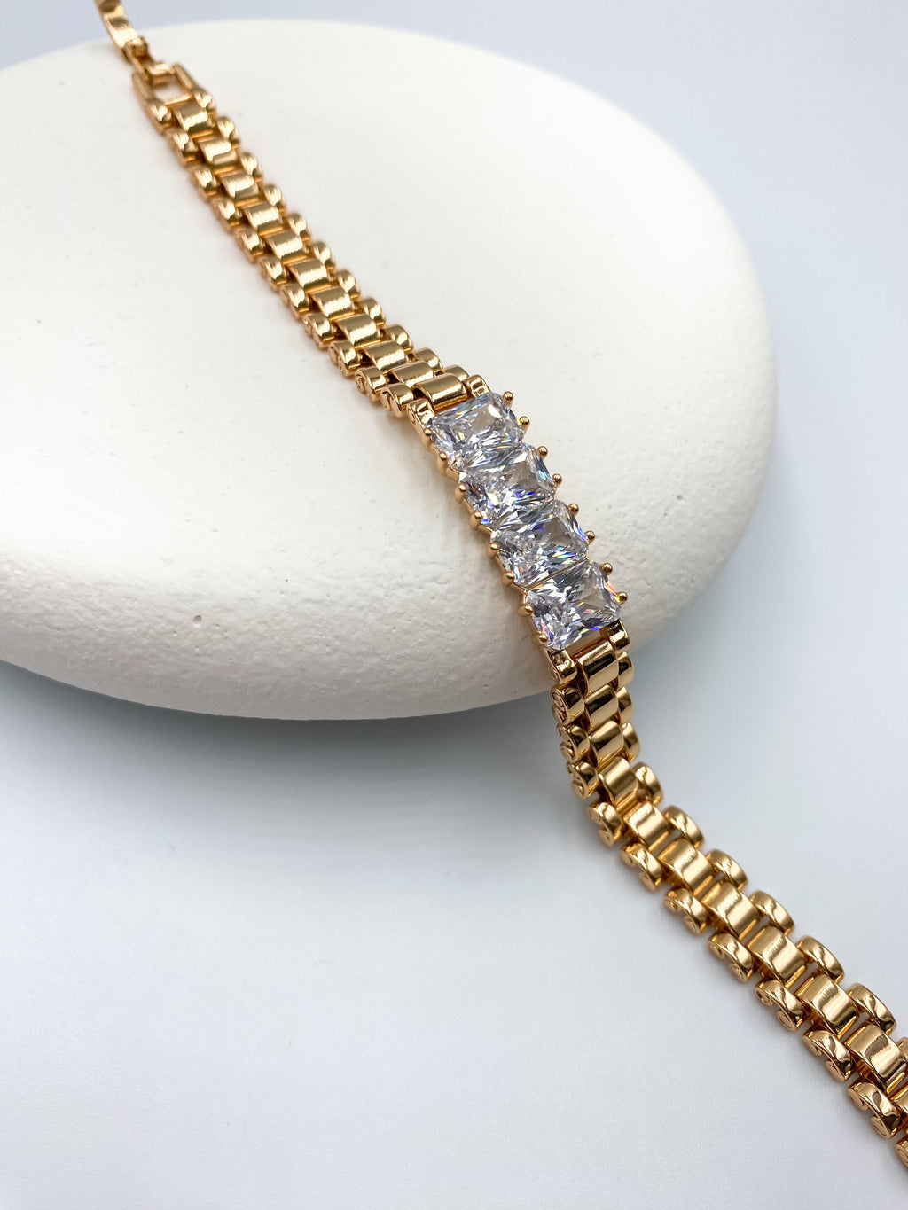 Kalın Zincirli Dikdörtgen Taşlı Çelik Bileklik