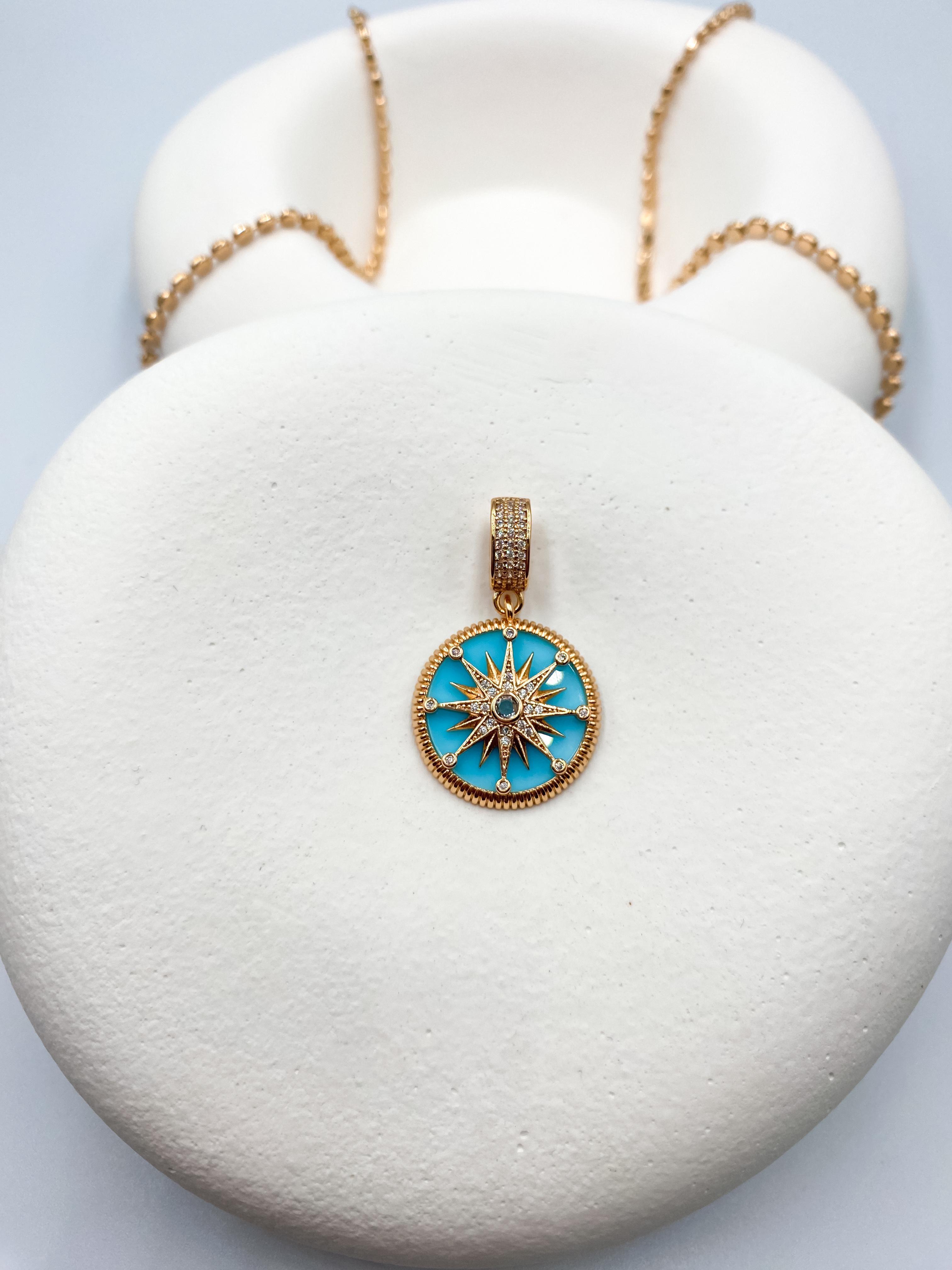 Turkuaz Zeminli Yıldız Pusula Kolye Ucu