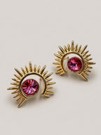 Güneş Motifli Pembe Taşlı Küpe - 18K