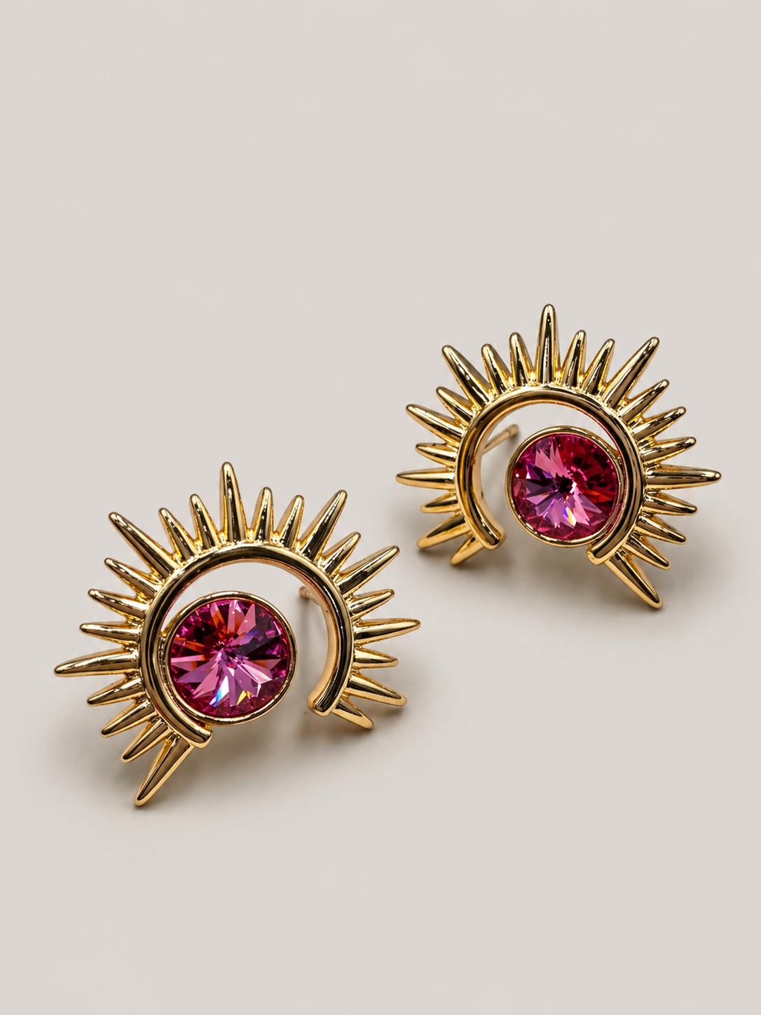 Güneş Motifli Pembe Taşlı Küpe - 18K