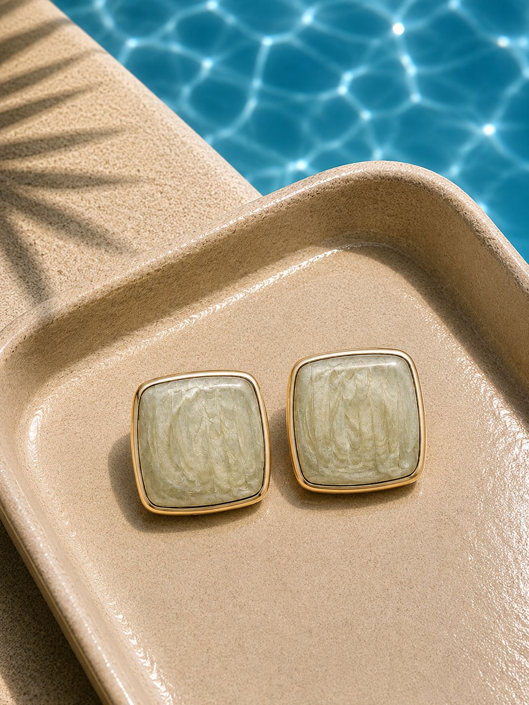 Kare Form Yeşil Marble Küpe - 14K