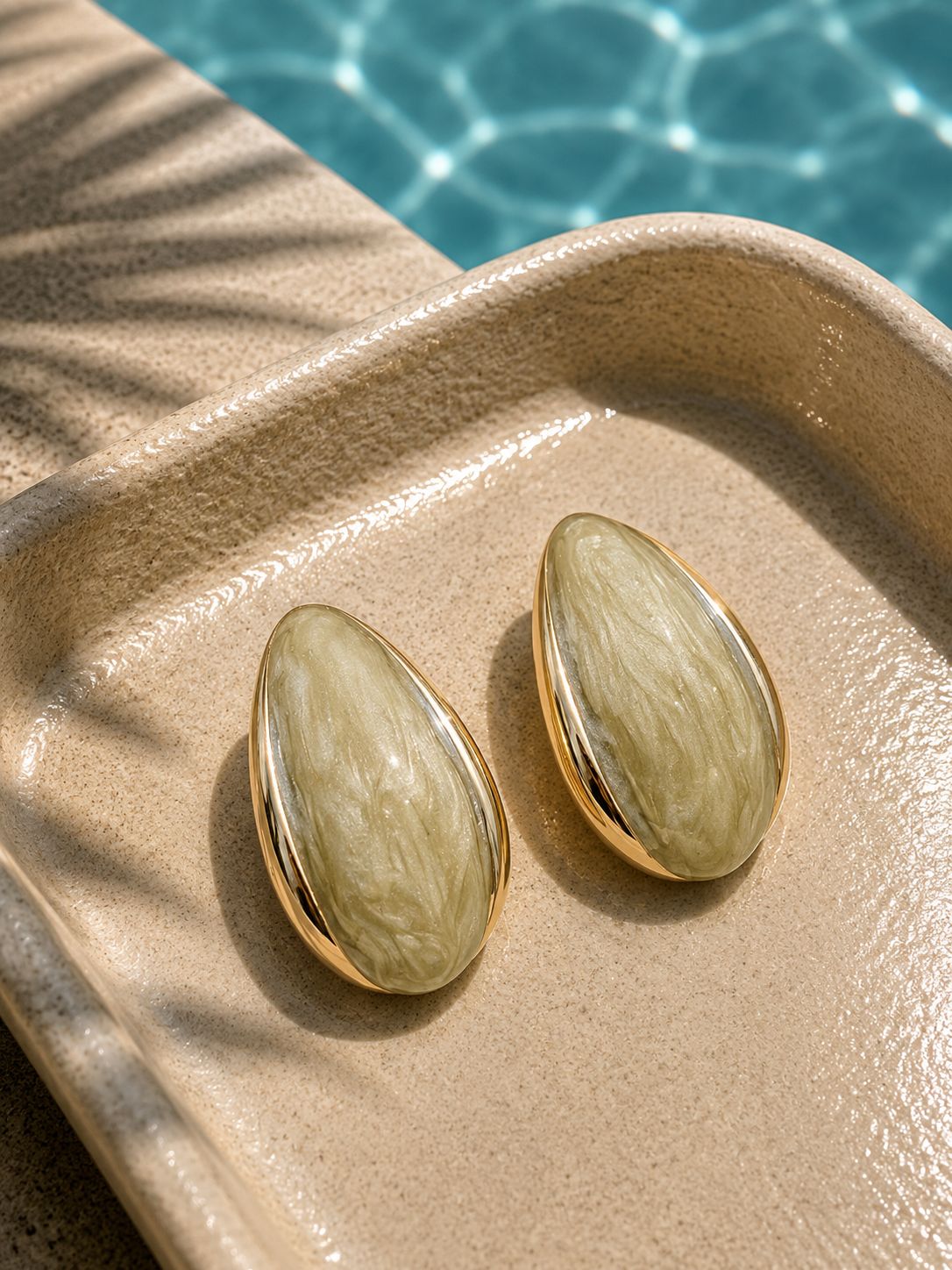 Yeşil Marble Damla Küpe - 14K