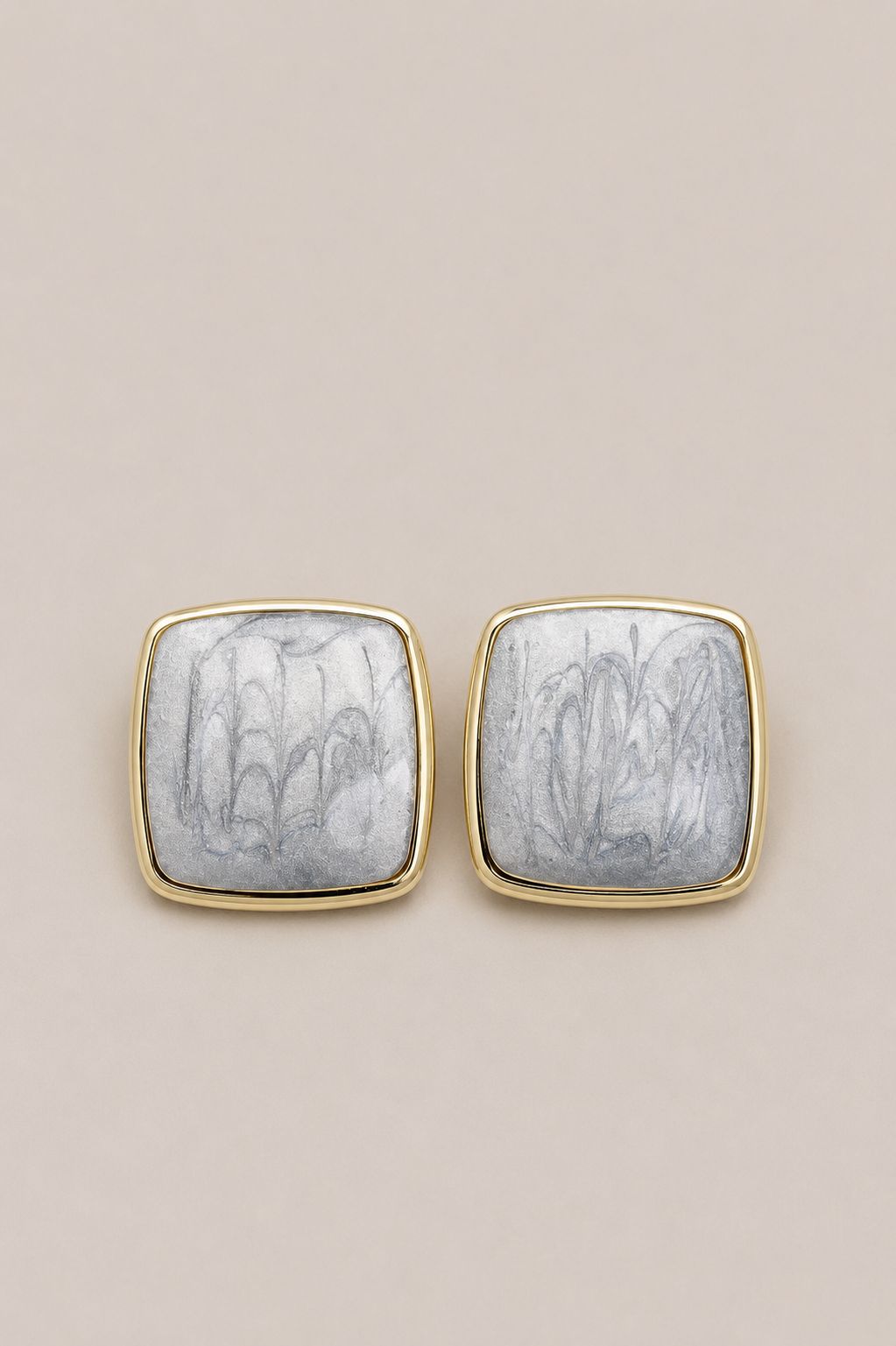Kare Form Gri Marble Küpe - 14K