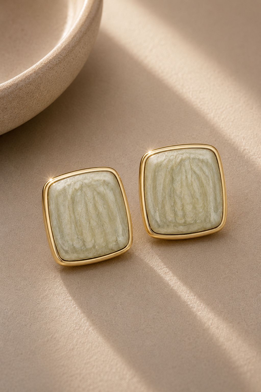 Kare Form Yeşil Marble Küpe - 14K