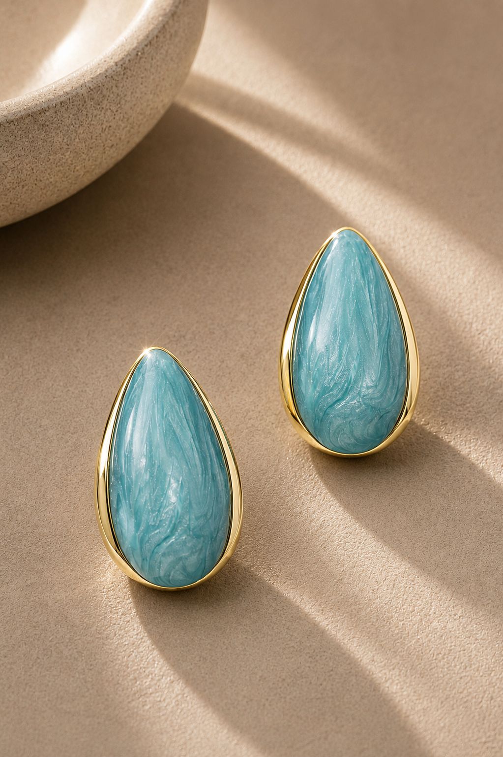 Mavi Marble Damla Küpe - 14K