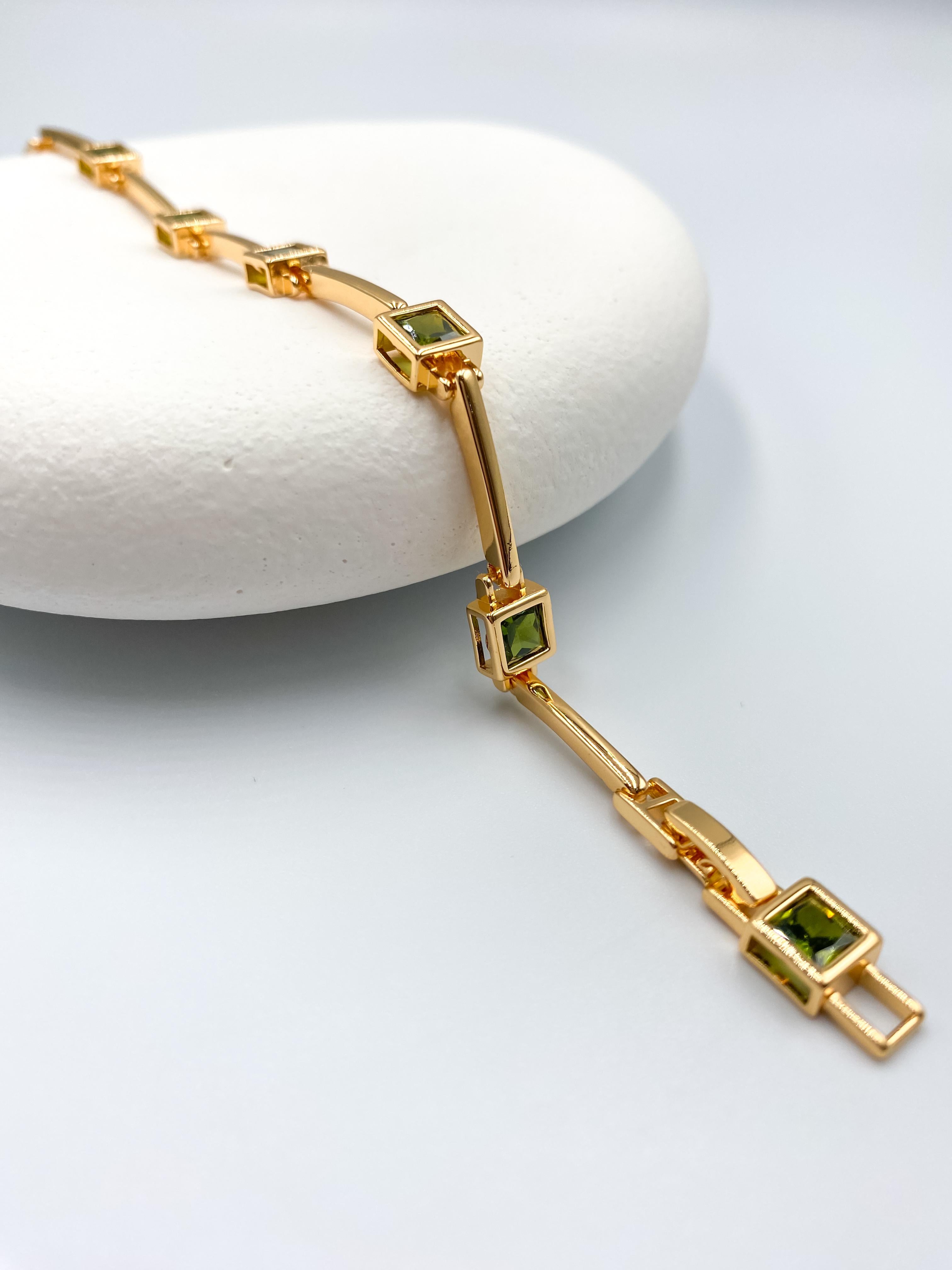 Yeşil Kare Taşlı Çelik Bileklik